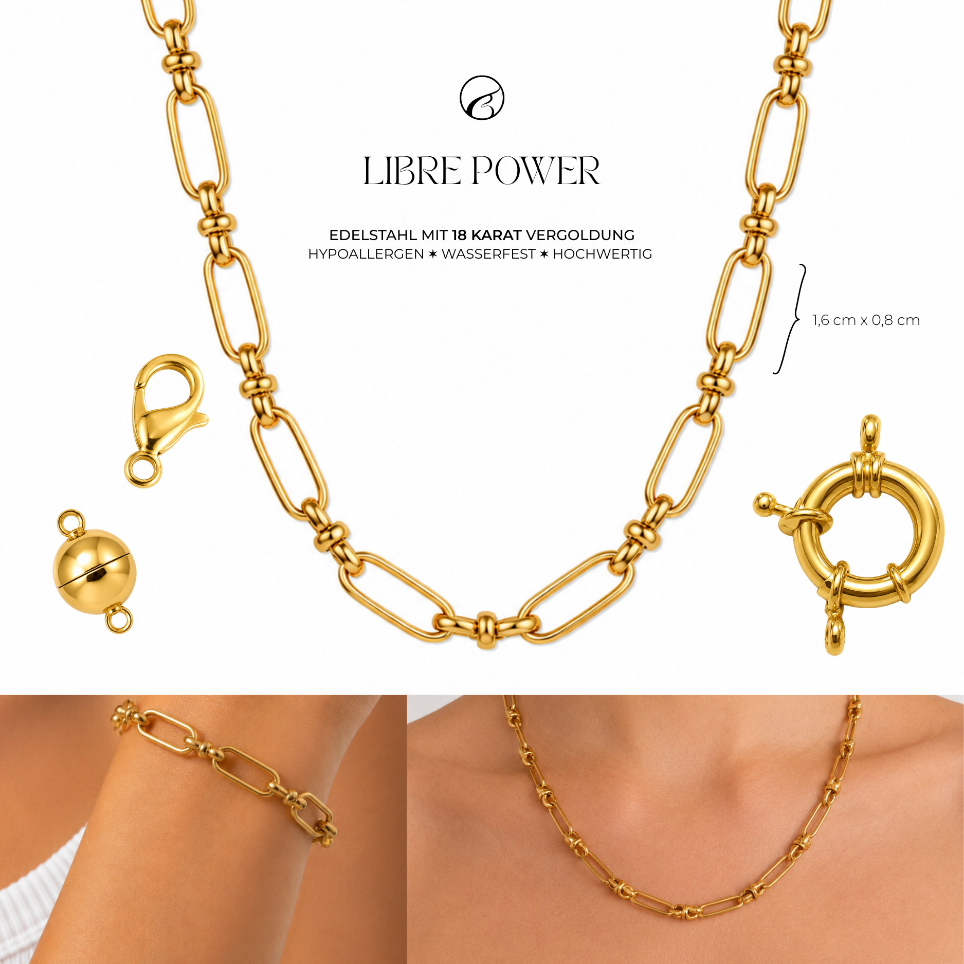 LIBRE POWER Gliederkette für Charms | Edelstahl 18K vergoldet