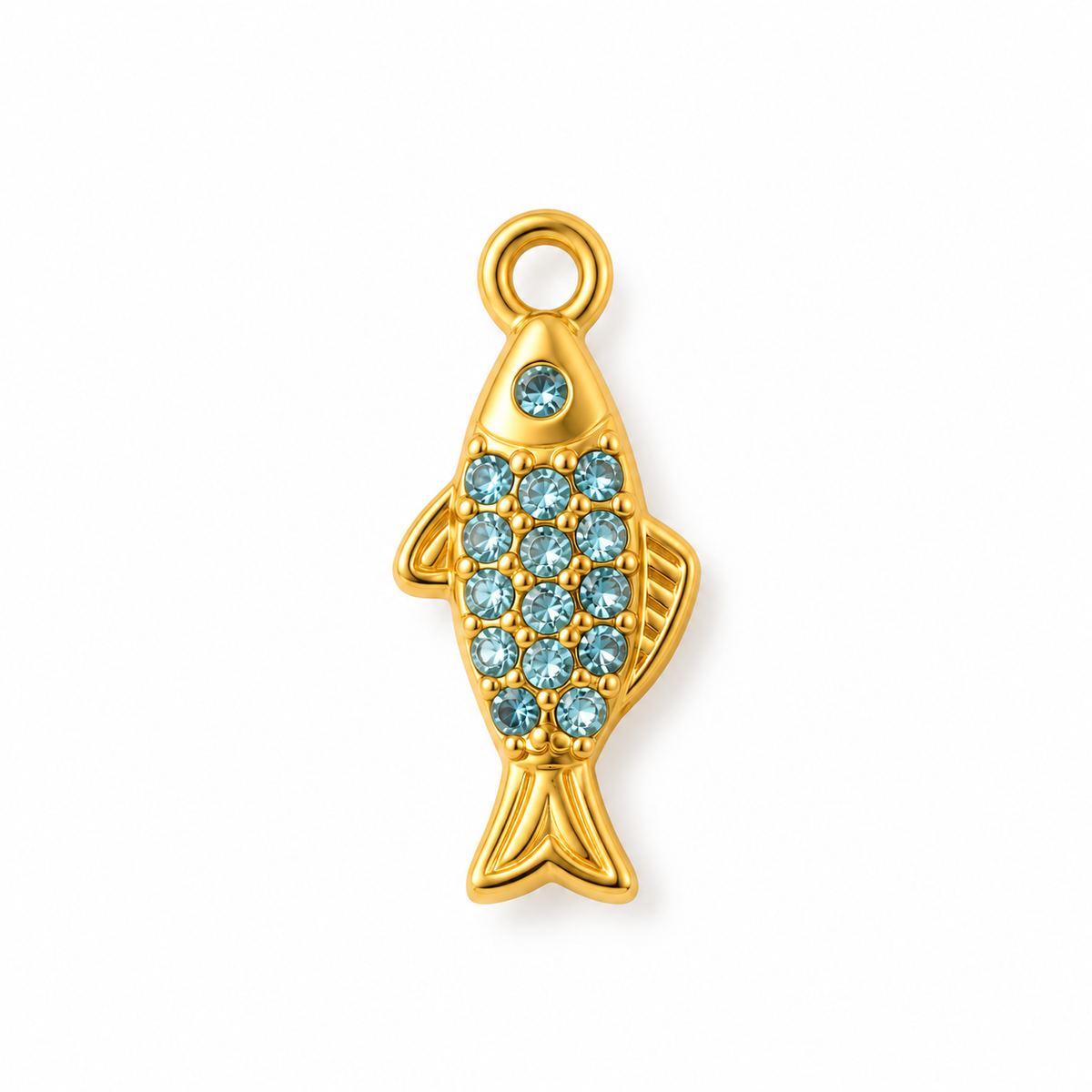 Fisch-Charm Anhänger Gold – Schlanker Fisch mit blauer Zirkonia