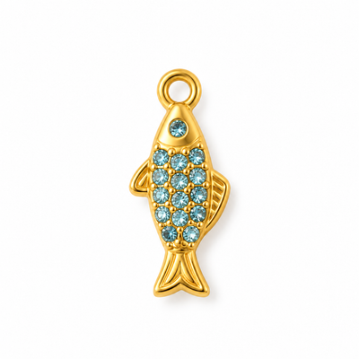 Fisch-Charm Anhänger Gold – Schlanker Fisch mit blauer Zirkonia