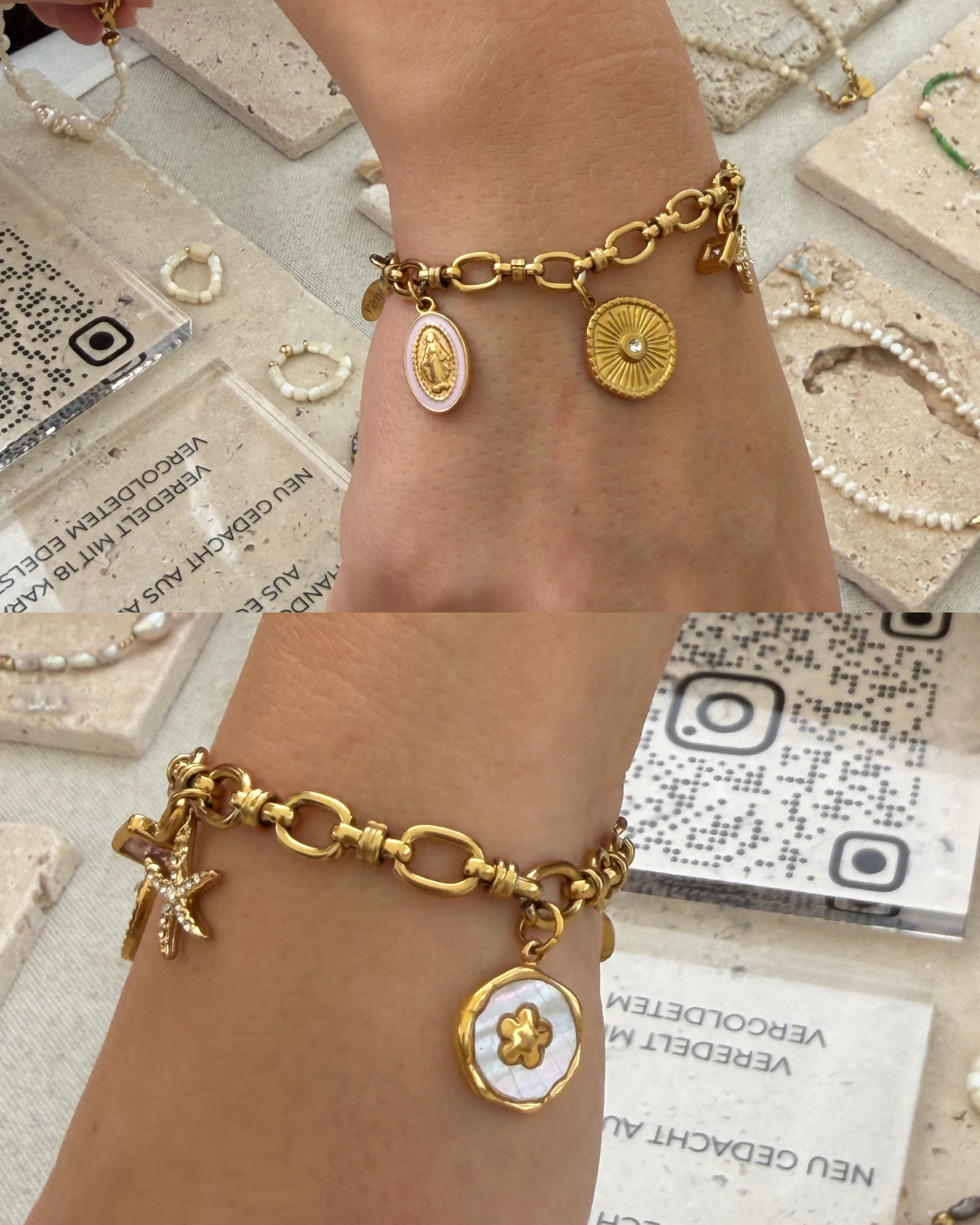 Blumen-Charm mit weißer Naturmuschel – Anhänger für Ketten | 18K vergoldet