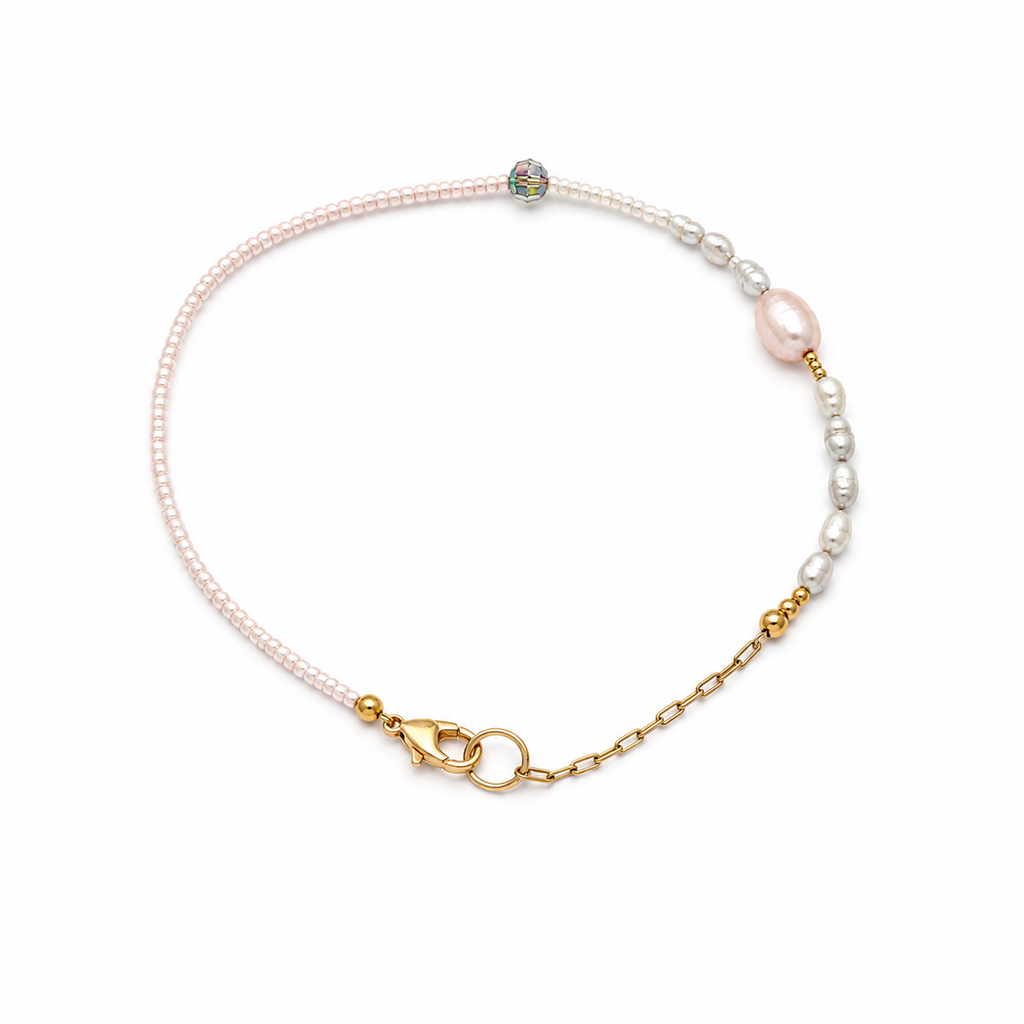 Süßwasserperlen Fußkettchen Cool Coral – Perlmutt-Blau & Rosé, Unikat