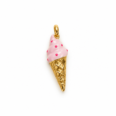 Eiswaffel-Charm Anhänger Gold – Erdbeere mit pinker Emaille