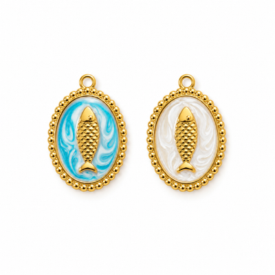 Fisch Medaillon Charm – Maritimer Anhänger mit Emaille in 2 Farben | 18K vergoldet