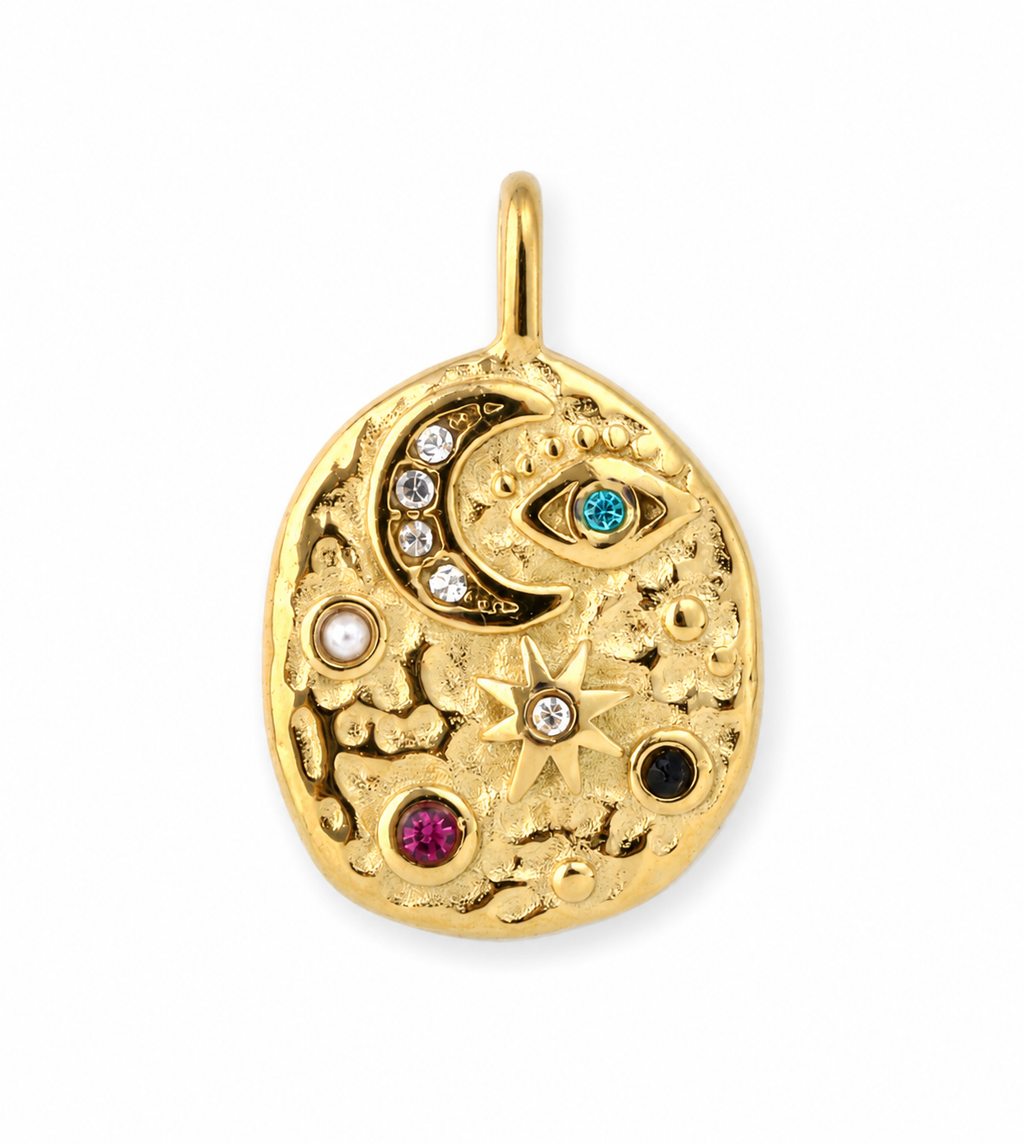 Galaxis Medaillon-Charm mit Mond & Zirkonia | Edelstahl 18K vergoldet