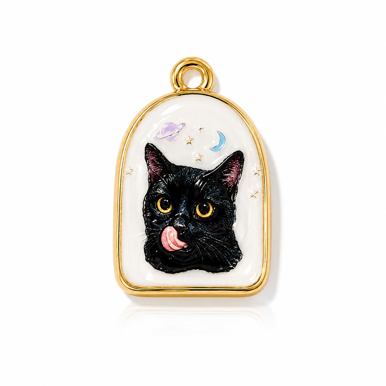 Medaillon Kettenanhänger schwarze Katze – Halbe Ellipse | 18K vergoldet