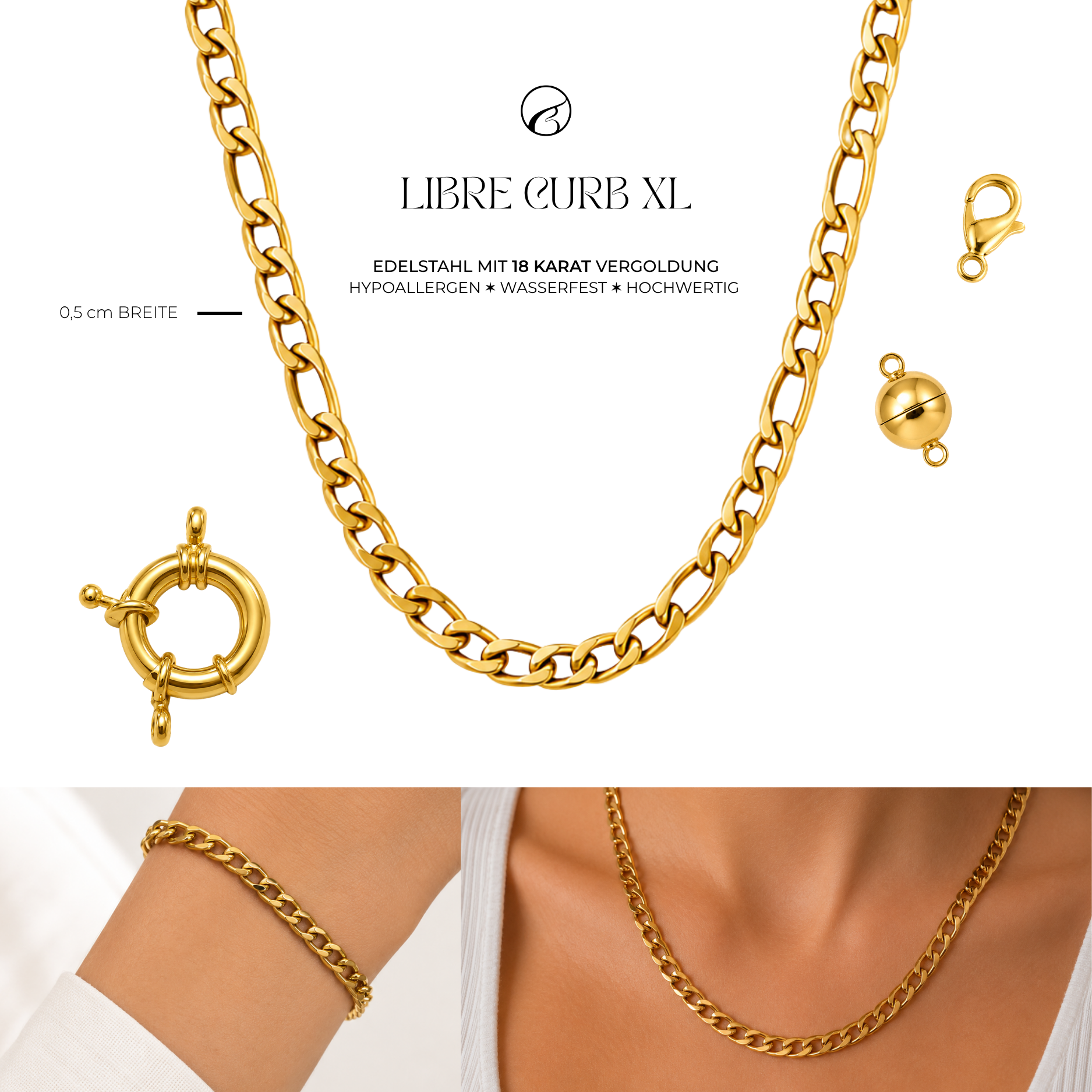 LIBRE CURB XL Panzerkette für Charms | Edelstahl 18K vergoldet