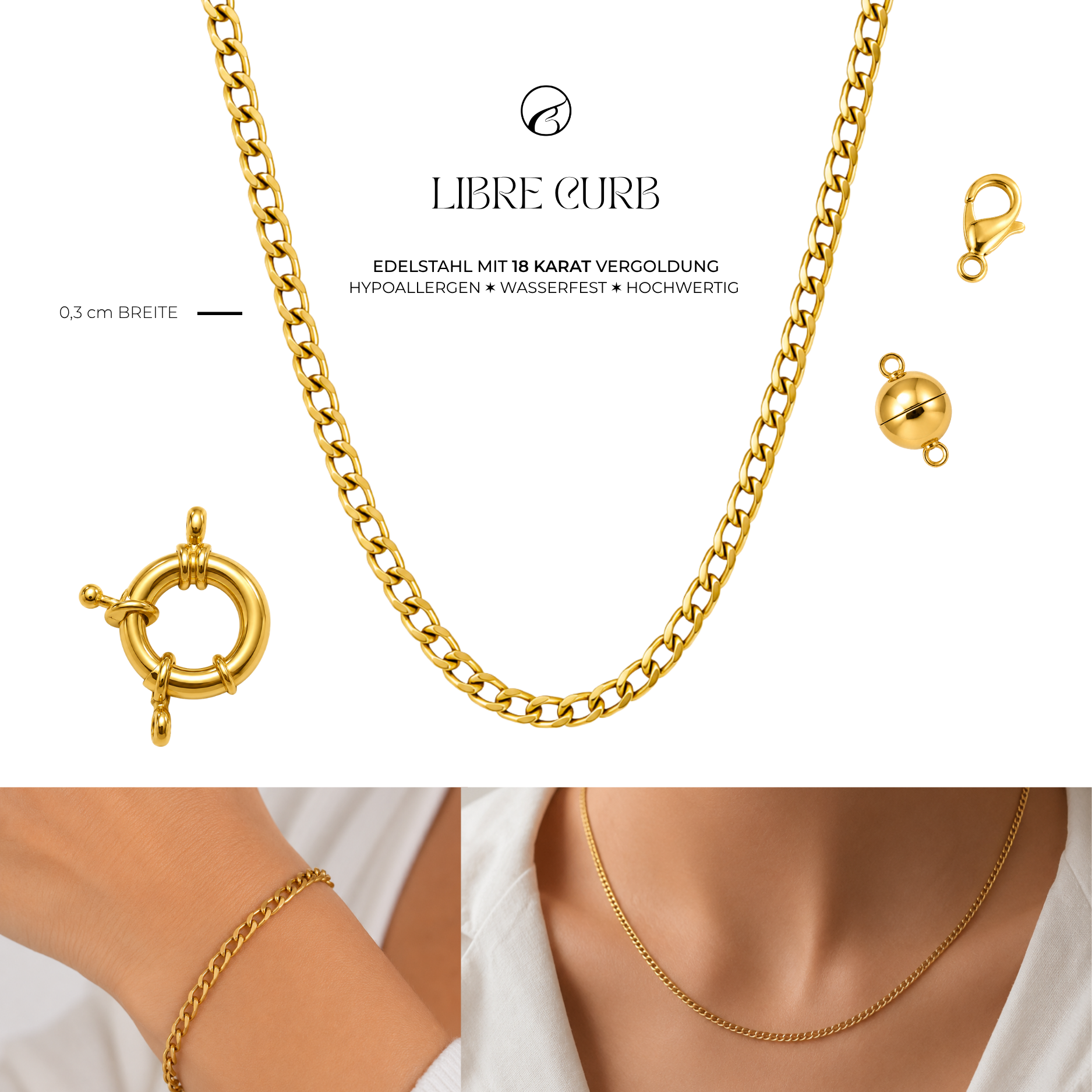 LIBRE CURB feine Panzerkette für Charms | Edelstahl 18K vergoldet