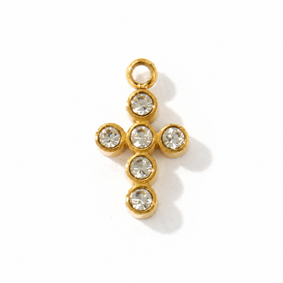 Mini Kreuz-Charm Anhänger Gold – Rundliches Kreuz mit Zirkonia