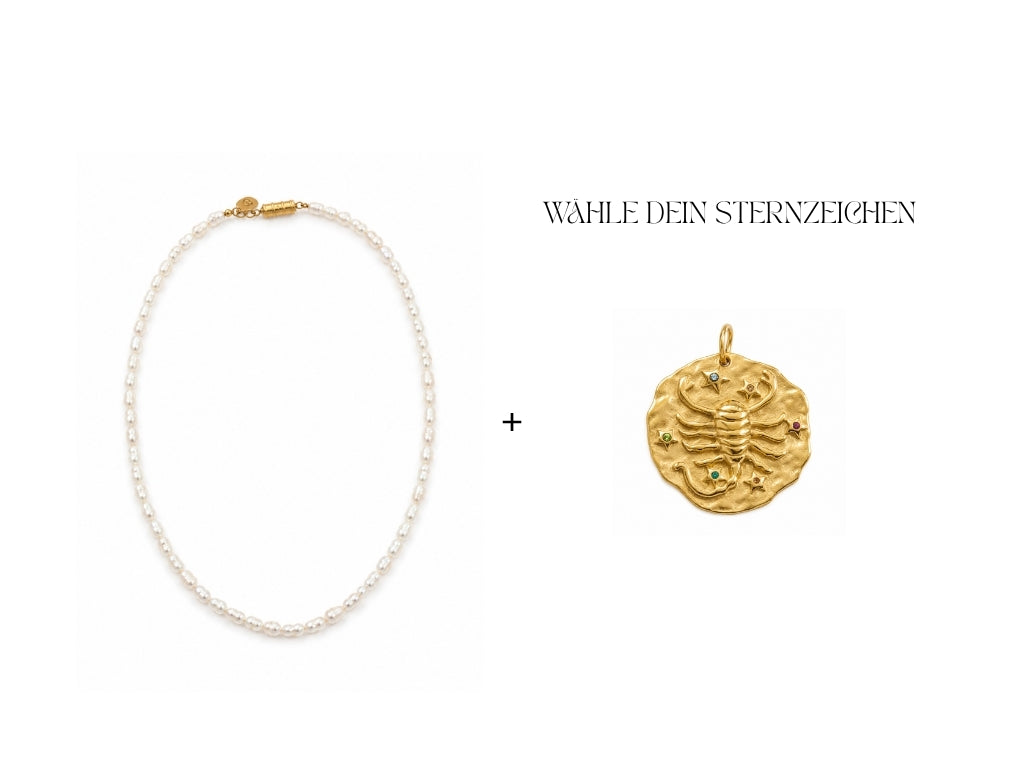 Celeste Kette | Süßwasserperlenkette mit goldenem Sternzeichen-Anhänger