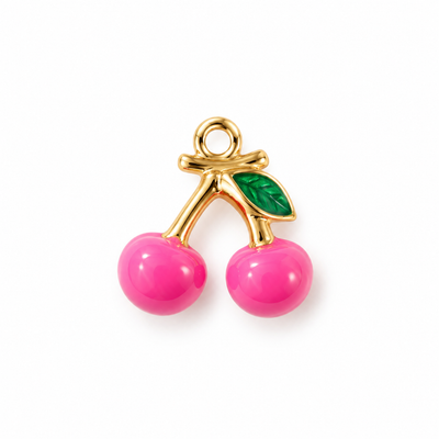 Kirschen-Charm Anhänger Gold – Kirschen mit pinker Emaille