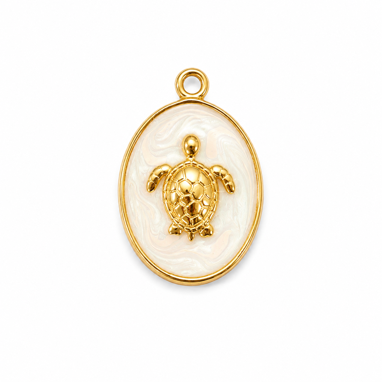 Schildkröten Medaillon Anhänger mit weißer Perlmutt-Emaille, 18K vergoldet