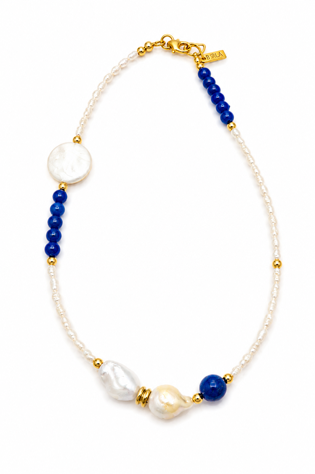 Süßwasserperlenkette Sombra del Mar – Flameball Perlen & blauer Naturstein, Unikat