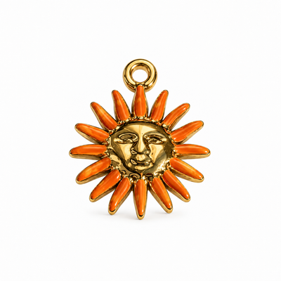 Sonnengesicht-Charm Anhänger Gold – Mini Sonne mit oranger Emaille