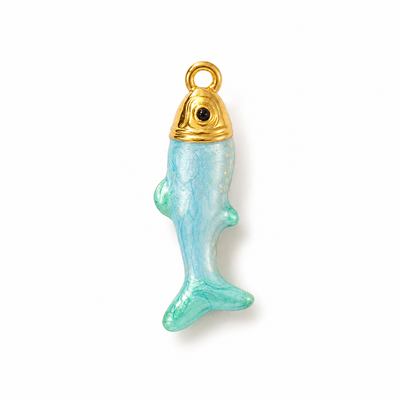 Großer Fisch Anhänger – 3D Charm mit blauer Perlmutt Emaille | 18K vergoldet