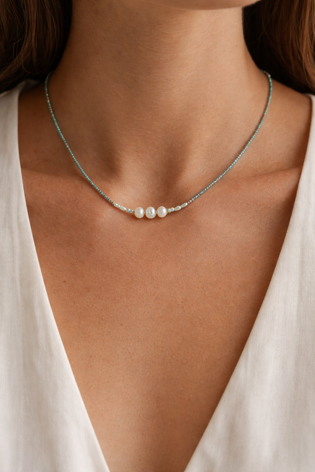 Süßwasserperlenkette Oceana Pearl – Türkise Glasperlen, Unikat