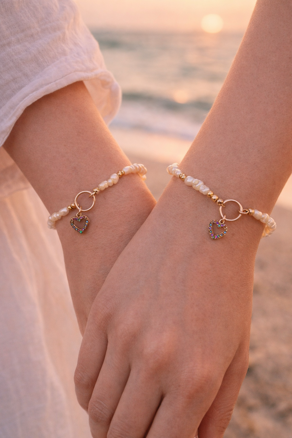 Süßwasserperlen Freundschaftsarmband Pearl Promise Pure – Mit Herz-Charm, Unikat